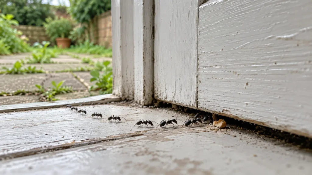 ne of black garden ants crossing a back door threshold from the garden into a home