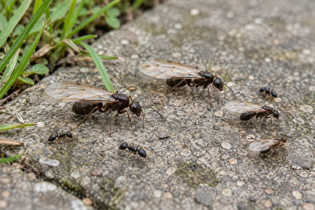 Winged black garden ants and wingless workers on paving during summer swarming