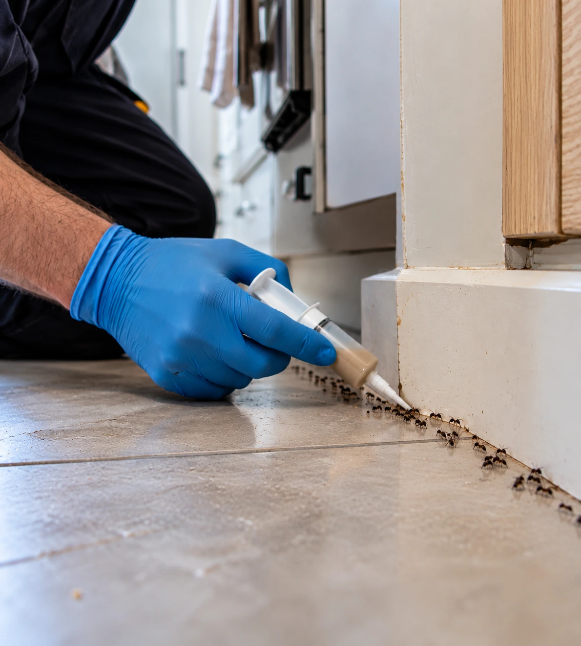 Technician applying ant bait along a kitchen floor edge